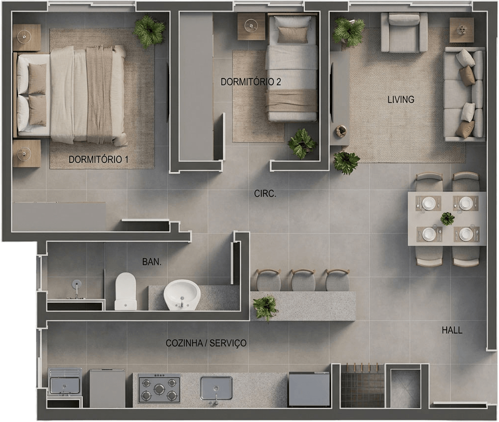 Planta baixa — Apto Canto, 56,86 m² privativos