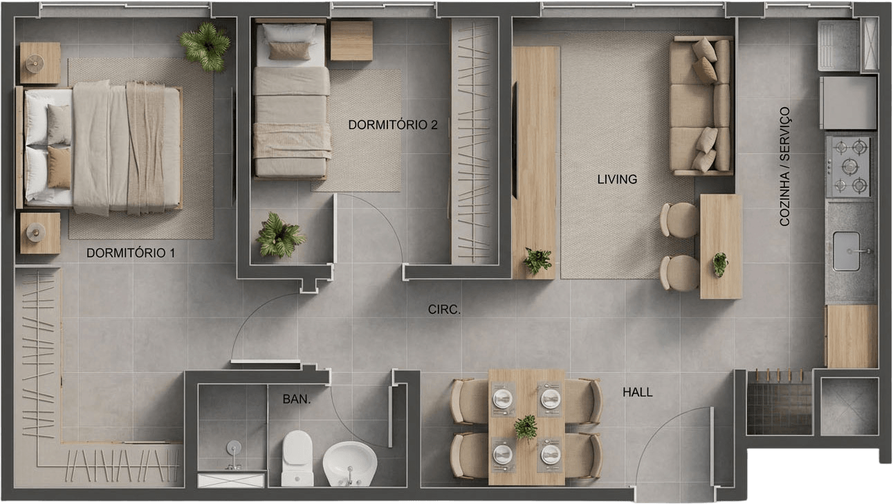 Planta baixa — Apto Meio, 53,77 m² privativos