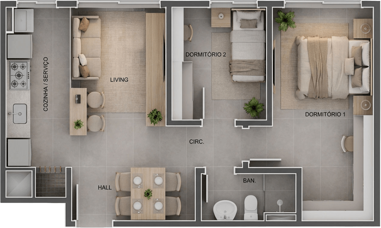 Planta baixa — Apto Meio Maior, 57,10 m² privativos